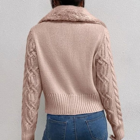 PINK TEDDY COLLAR BUTTON DOWN CABLE KNIT CARDIGAN - Picture 2 of 6